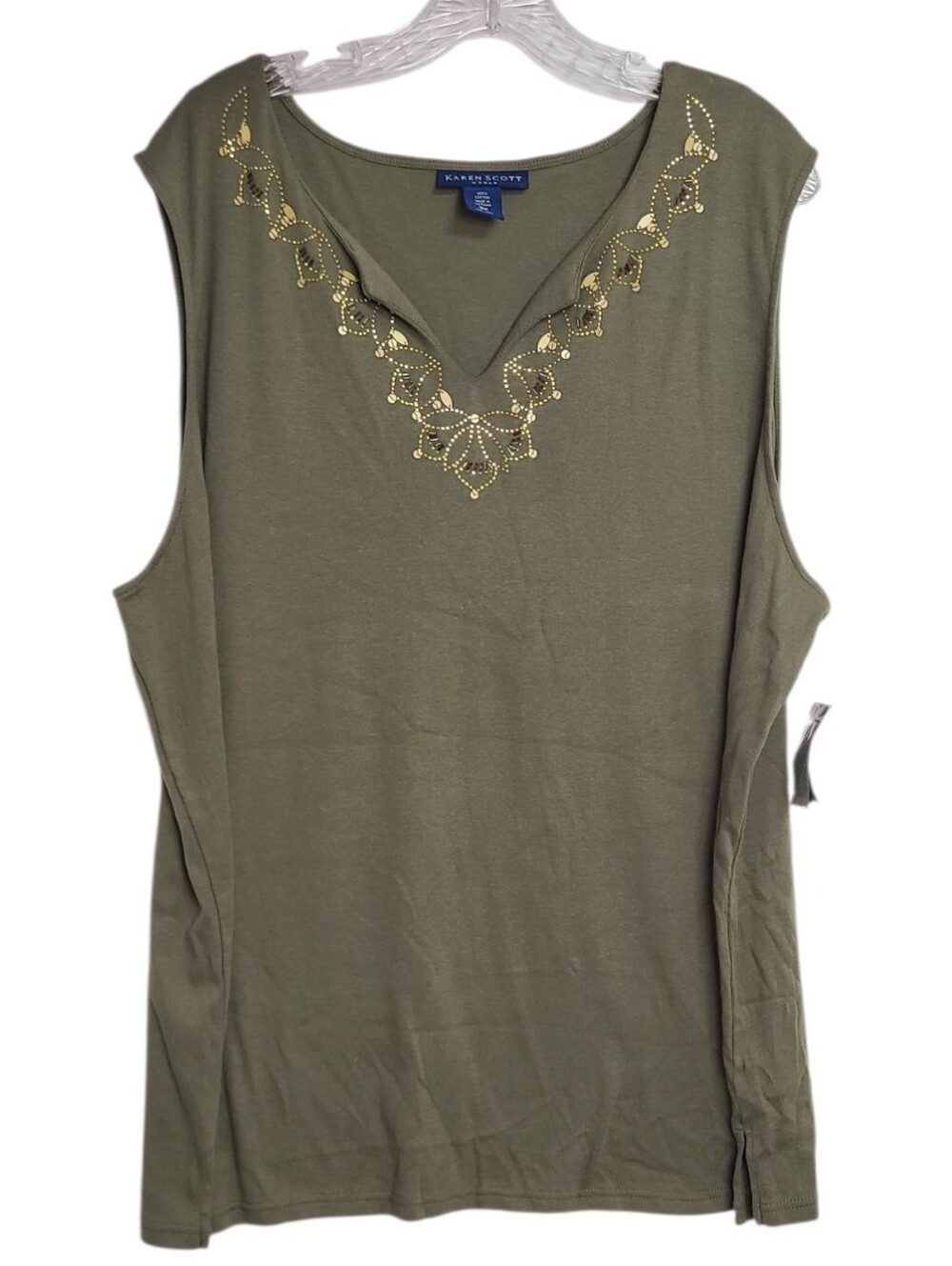 Karen Scott Olive Sprig Embellished Tank Top 3X